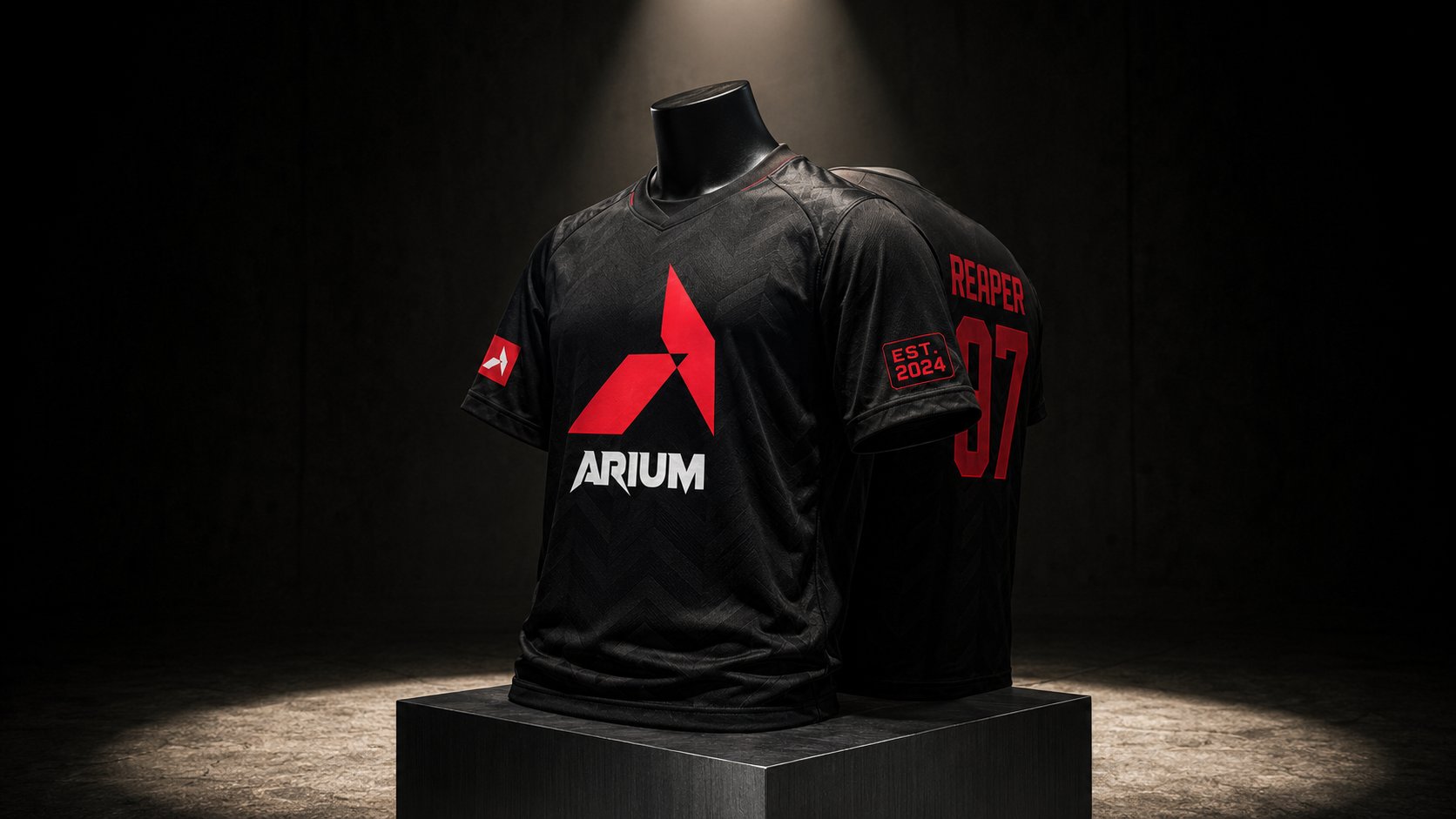 ARIUM team jersey on a black mannequin, red chevron and wordmark on the chest