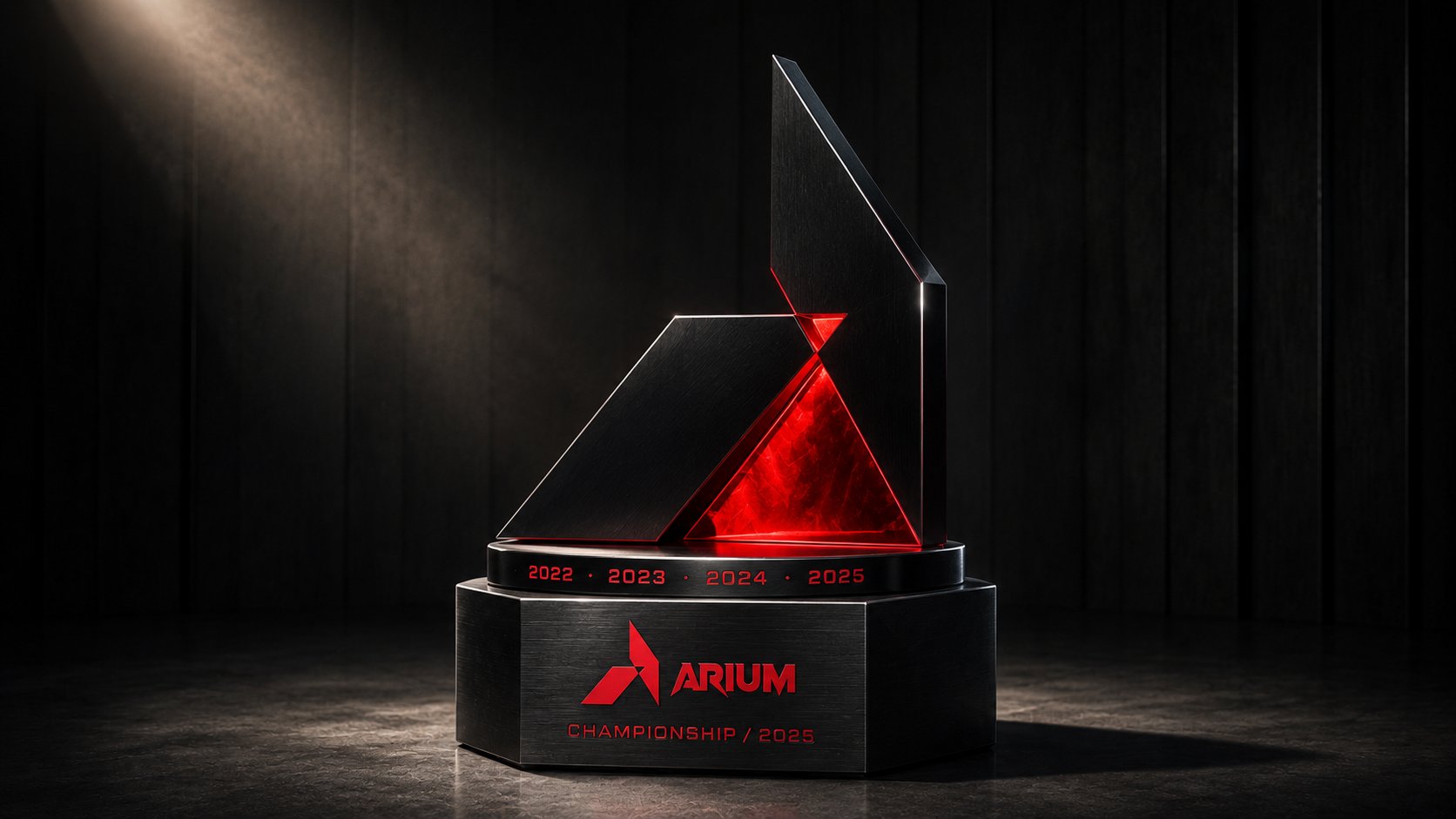 ARIUM championship trophy concept, black machined trophy with a glowing red inner cut under a single spotlight