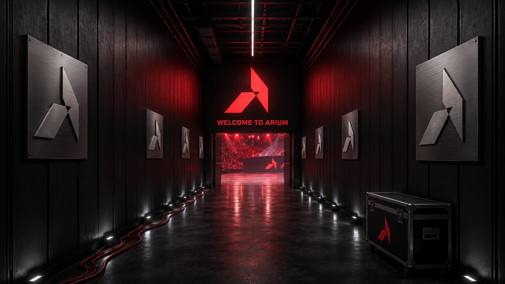 ARIUM player tunnel concept, chevron signage plates lining a dark corridor toward a lit red back wall