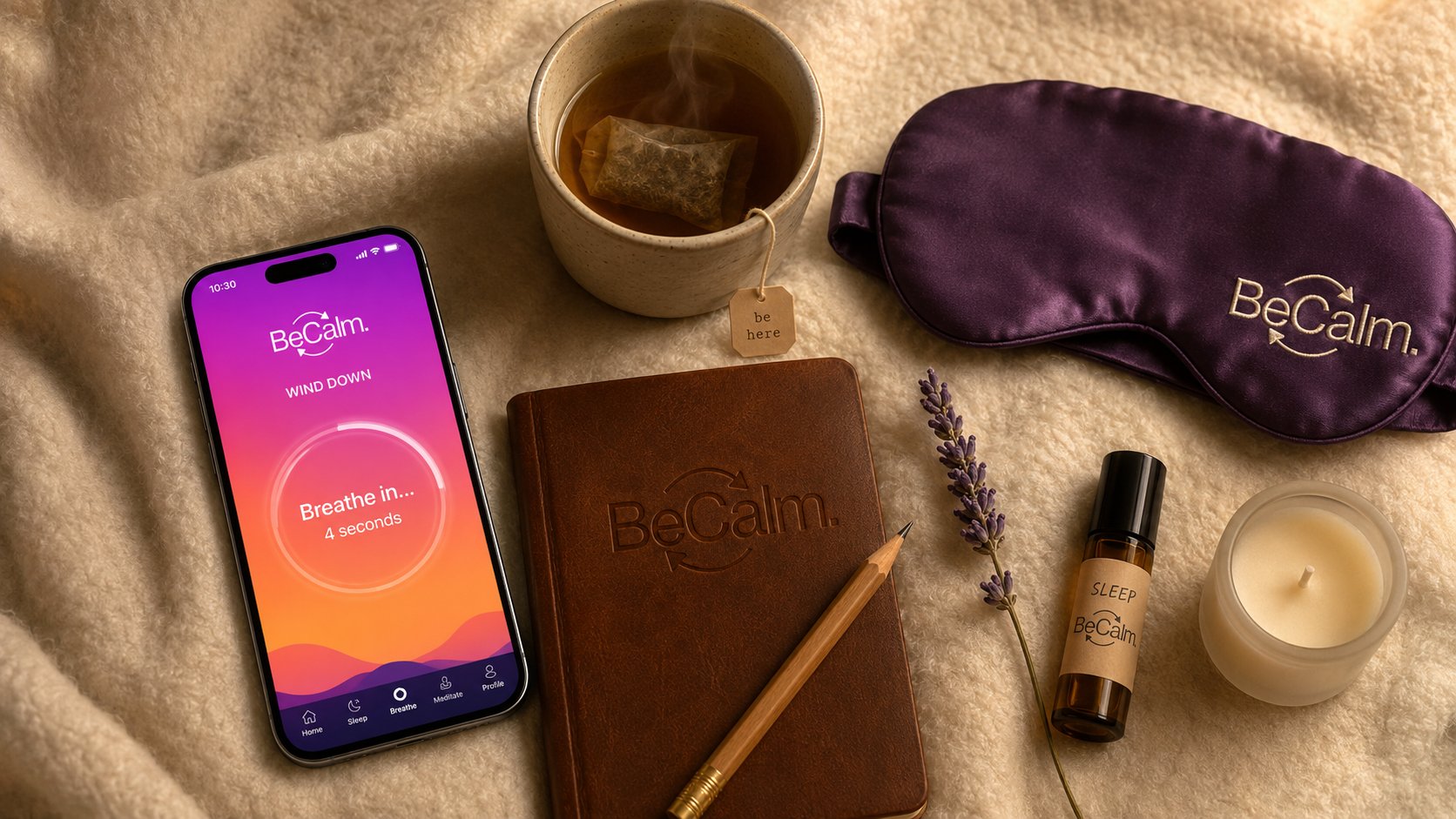 BeCalm pre-sleep bedside flat-lay brand visualization, phone showing the WIND DOWN breathing screen, herbal tea, plum silk eye mask, debossed leather journal, amber sleep-oil roller, candle and dried lavender