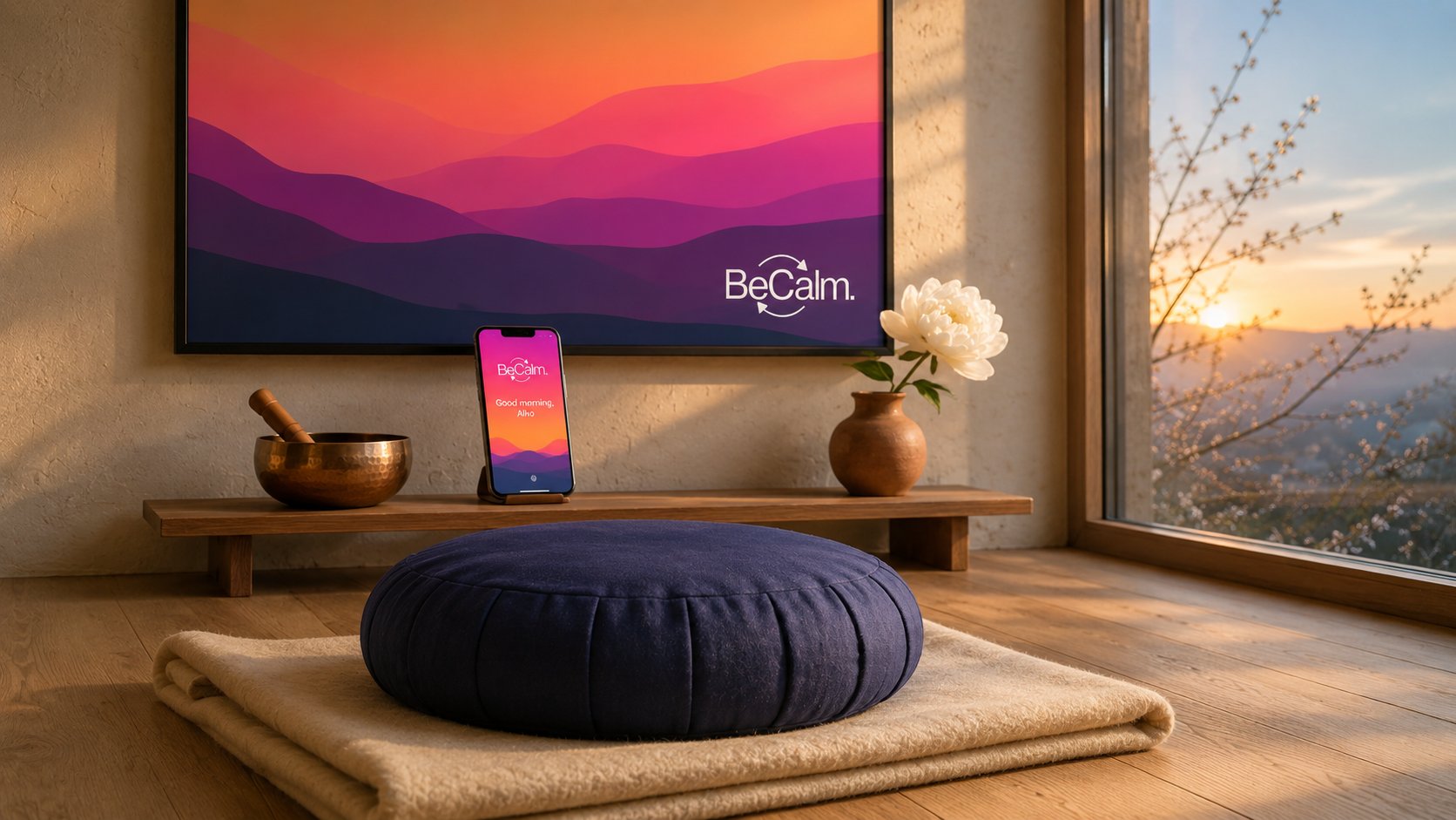 Dawn meditation corner brand visualization, navy zafu cushion, copper singing bowl, phone showing the BeCalm gradient app, framed wave-mountain art with the wordmark, first light through a tall window