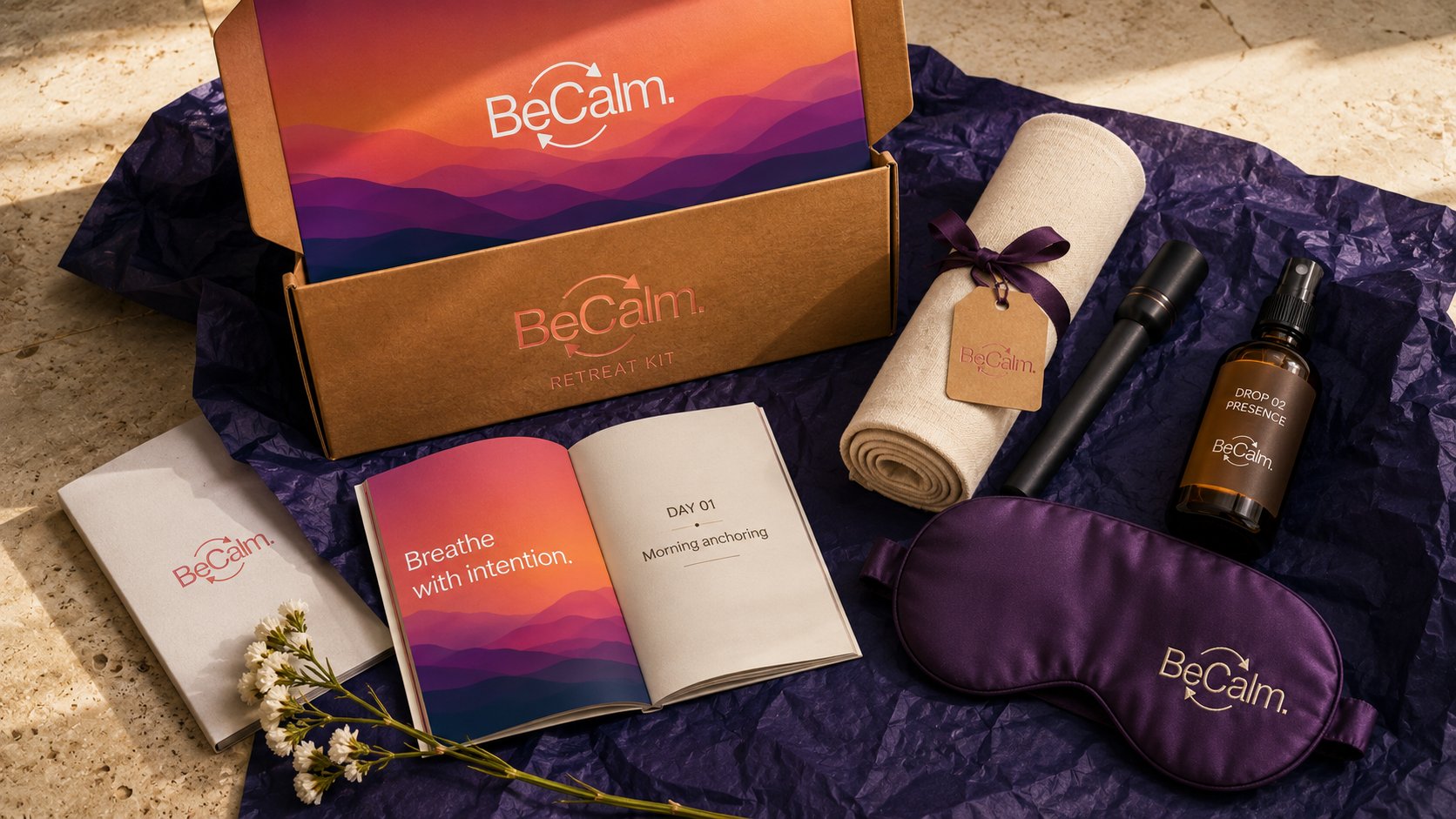 BeCalm Retreat Kit product visualization, kraft carton with hot-foil wordmark and arrows logo, rolled linen meditation cloth tied with plum ribbon, amber-glass mister labeled DROP 02 PRESENCE, plum silk sleep mask, open guide booklet