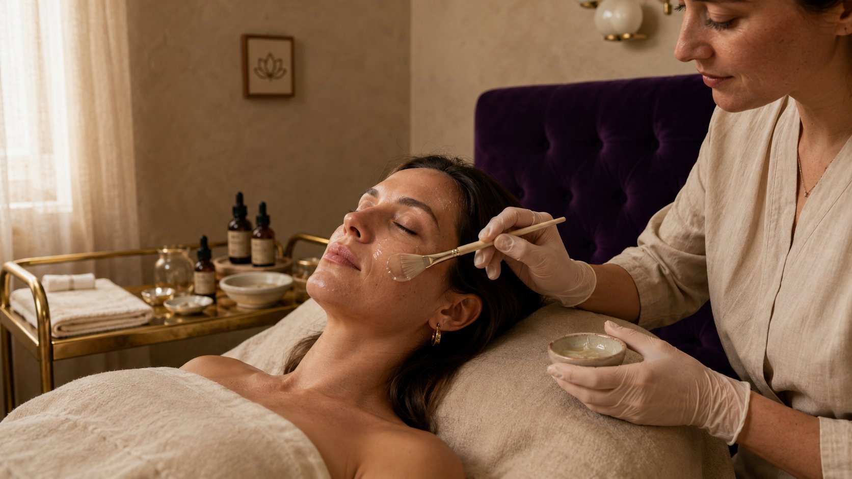 ETERNA, facial treatment in the med-spa, mid-30s patient receiving a hydrating gel mask from a gloved aesthetician, royal-purple velvet headboard, antique-brass instrument cart