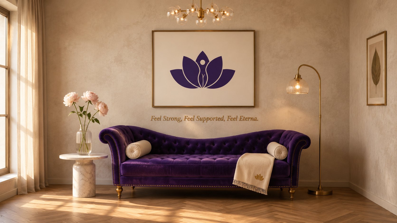 ETERNA patient consultation suite, royal-purple tufted velvet daybed with antique-brass nailhead trim, framed Eterna lotus+figure mark on the wall with Feel Strong Feel Supported Feel Eterna tagline below, antique-brass chandelier of clustered glass globes, cream marble side table with peonies, brass floor lamp, warm oak chevron floor