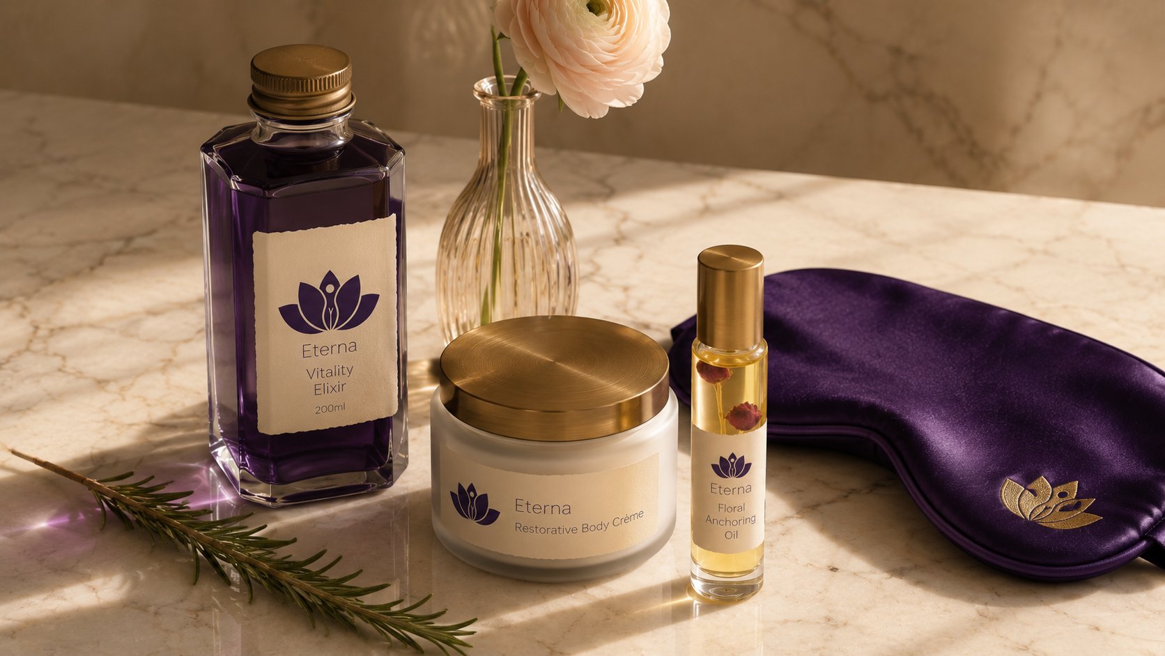 ETERNA Wellness Ritual product still life, tall hexagonal apothecary bottle of royal-purple Vitality Elixir, opal-glass Restorative Body Crème jar with antique-brass cap, slim glass Floral Anchoring Oil roller, all with the lotus+figure mark on cream deckled labels, fluted champagne bud-vase with single ranunculus, folded royal-purple silk eye-mask with gold-embroidered Eterna mark, rosemary sprig, on cream-grey veined marble