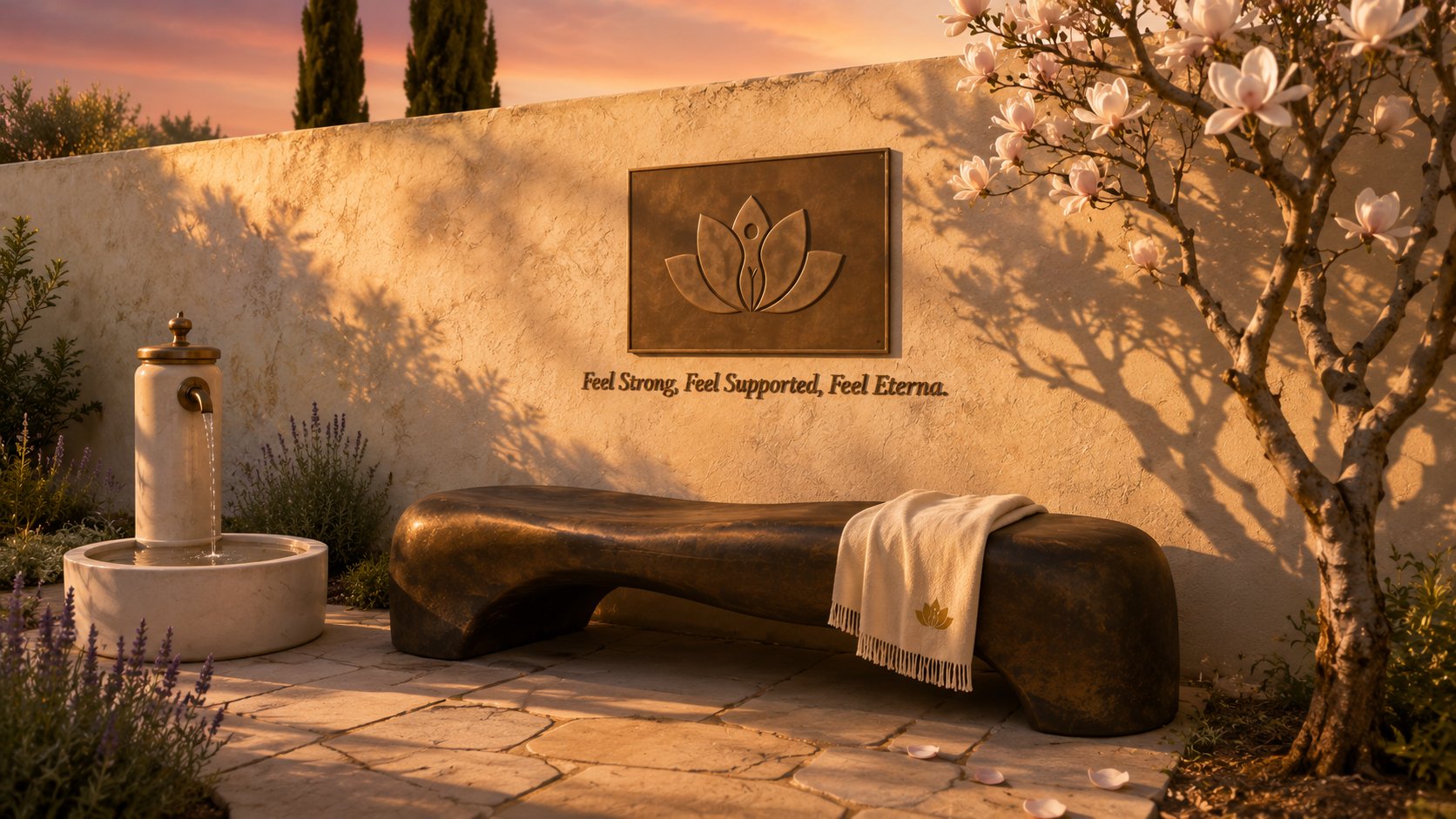 ETERNA wellness garden at golden hour, aged cream lime-washed stucco wall, sculptural cast-bronze bench with antique patina, hand-cast bronze plaque with the Eterna lotus+figure mark in deep relief and Feel Strong Feel Supported Feel Eterna tagline below, flowering magnolia tree in full bloom, antique-brass and cream-ceramic standing fountain, folded cream cashmere shawl on the bench with embroidered mark, cypress silhouettes against a peach-plum sunset sky