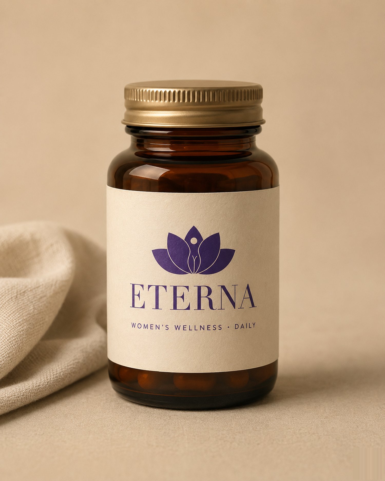 ETERNA amber-glass apothecary bottle, cream label, gold cap, women's wellness daily