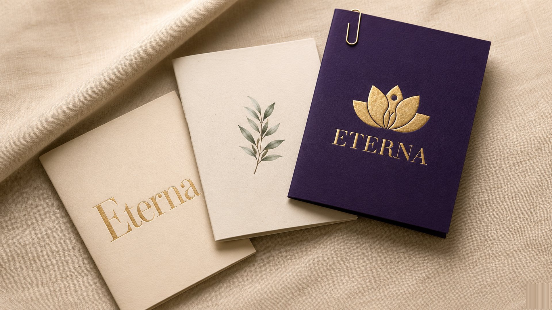 ETERNA trifold brochure stack with gold paperclip on champagne linen