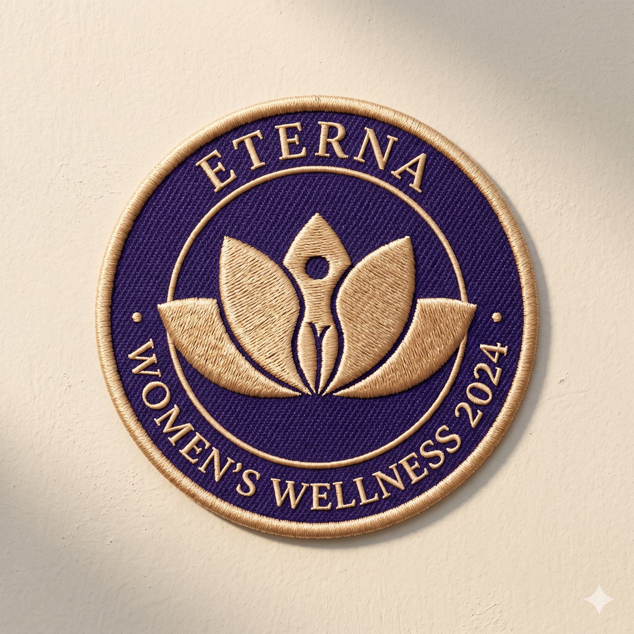 ETERNA circular embroidered patch, purple twill, gold thread border, lotus monogram with ring text