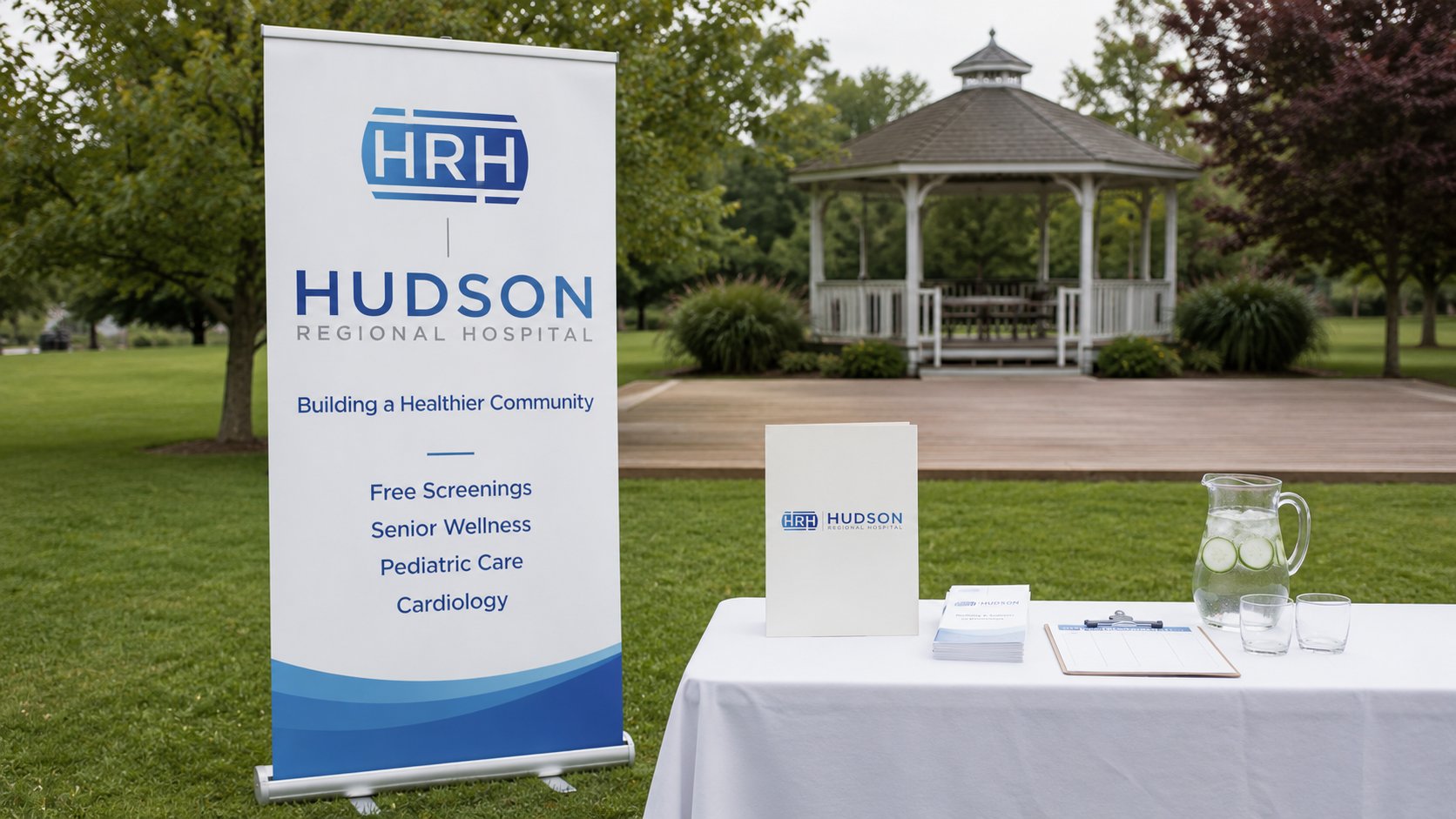 Brand visualization of a Hudson Regional Hospital community health event, pull-up banner and registration table in a park