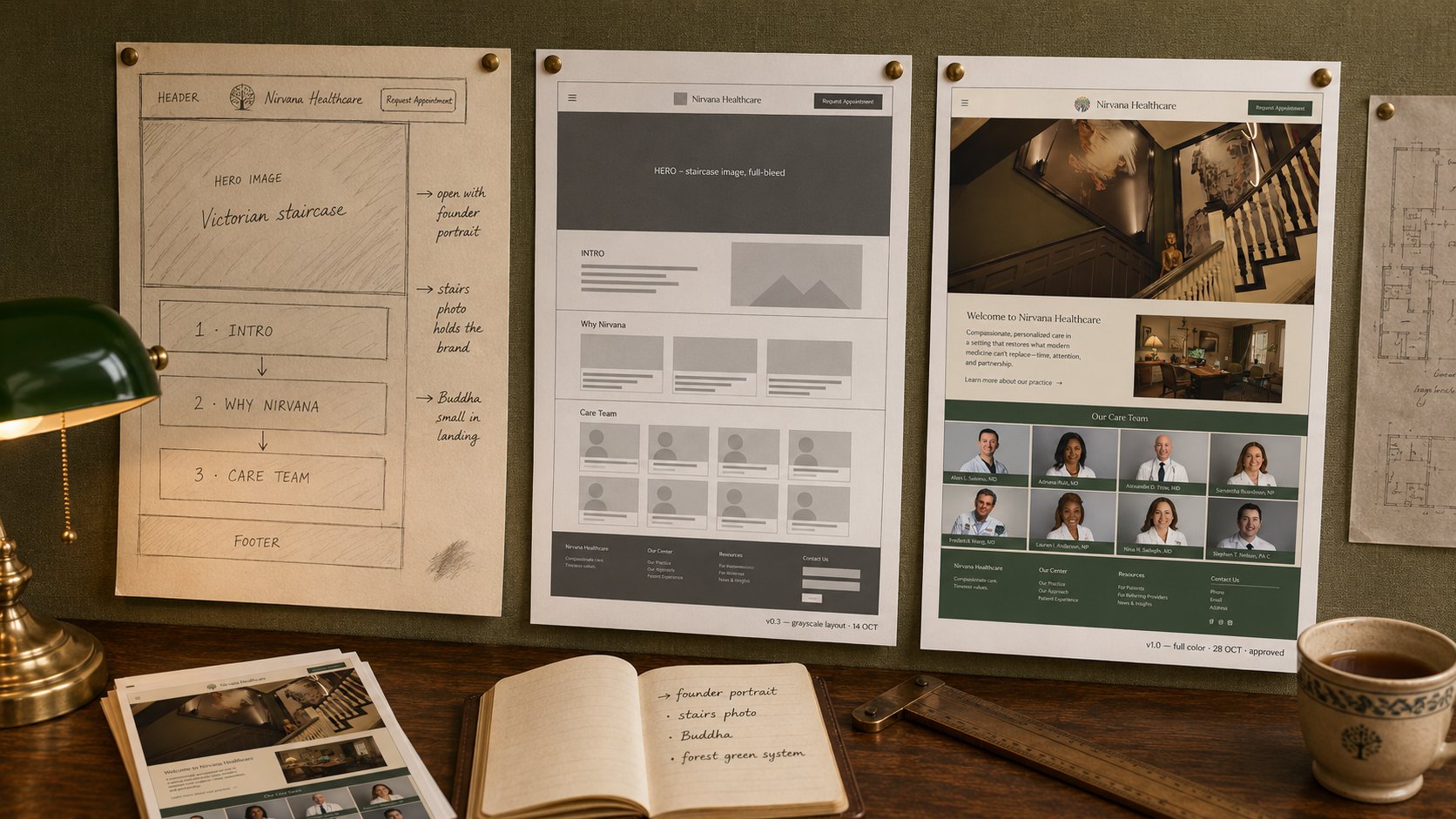 Three printed page proofs pinned to a sage-green linen pinboard above a Victorian-era walnut studio desk, left is the pencil sketch with handwritten margin notes, middle is the grayscale wireframe v0.3, right is the full-color final v1.0 showing the Victorian-staircase homepage with the provider grid; banker's lamp with green glass shade and open vintage doctor's notebook with process notes in the foreground