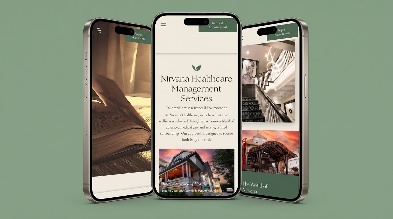 Three mobile screens, hero, scroll, and detail showing the responsive mobile experience