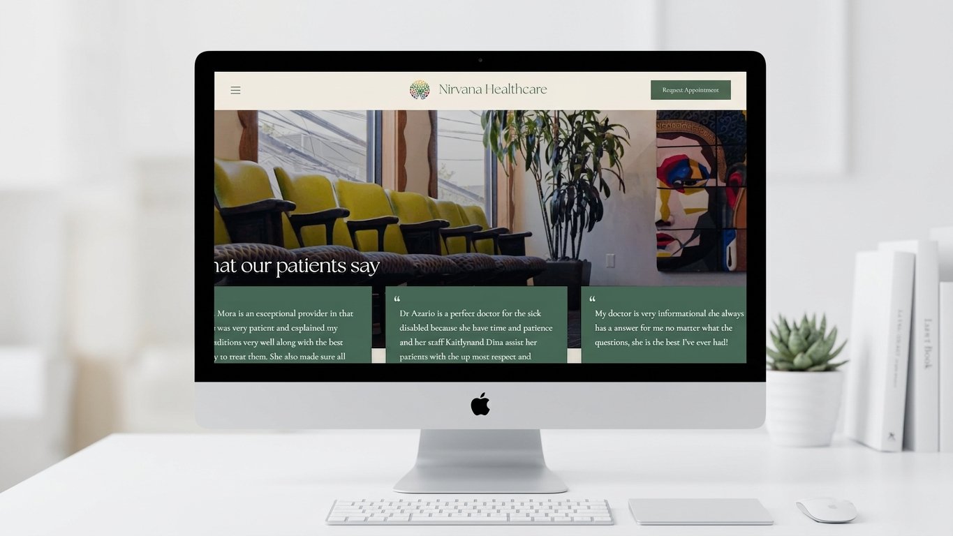 Patient testimonials mockup with sage-green cards