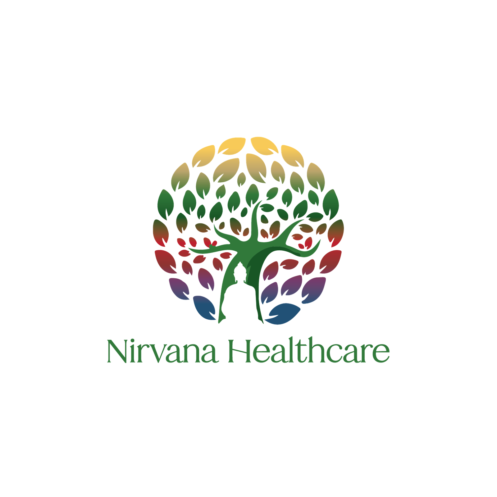 Nirvana Healthcare primary full-colour logo, forest-green tree with multicolour leaf canopy on white