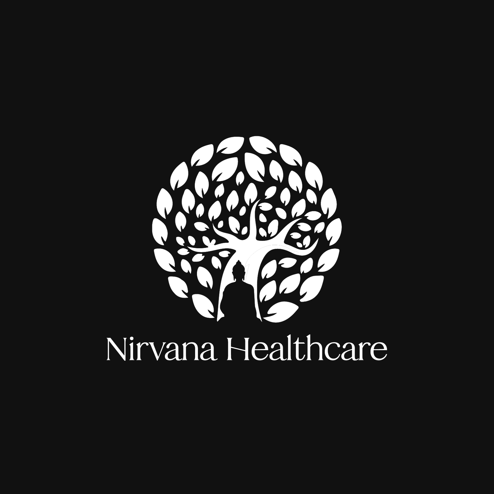 Nirvana Healthcare white knockout logo on black, for dark surfaces