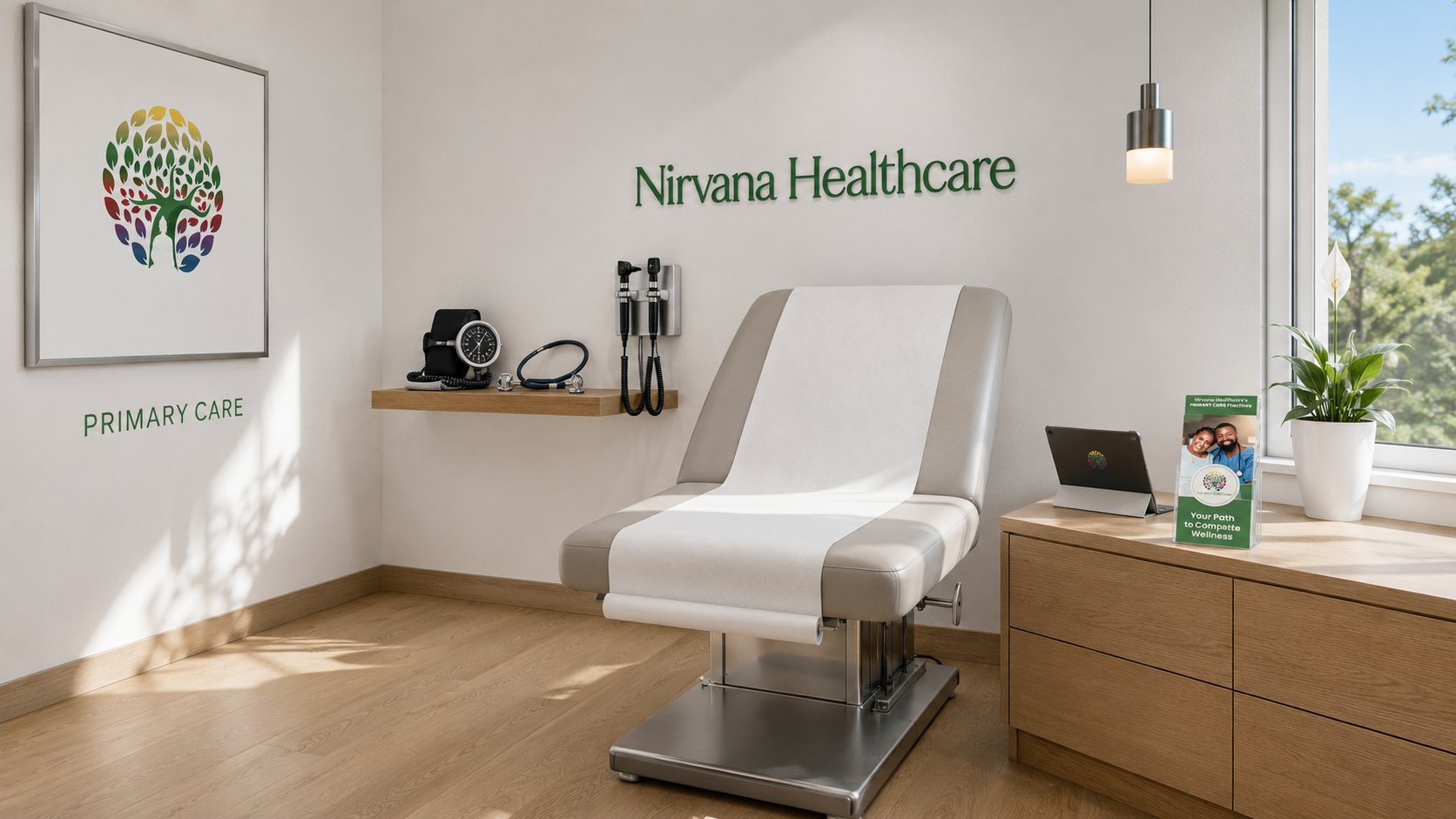 Nirvana Healthcare exam room spatial concept, upholstered exam table, green script wall sign, framed tree-of-life mark, oak shelf with stethoscope