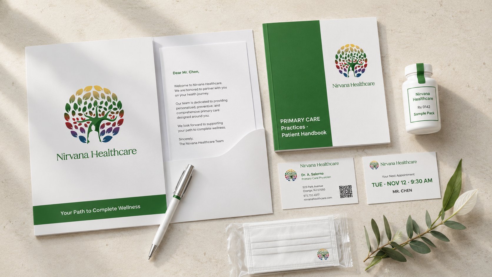 Nirvana Healthcare patient welcome packet flat-lay visualization, branded folder, welcome letter, green patient handbook, business card, appointment card, and sample bottle