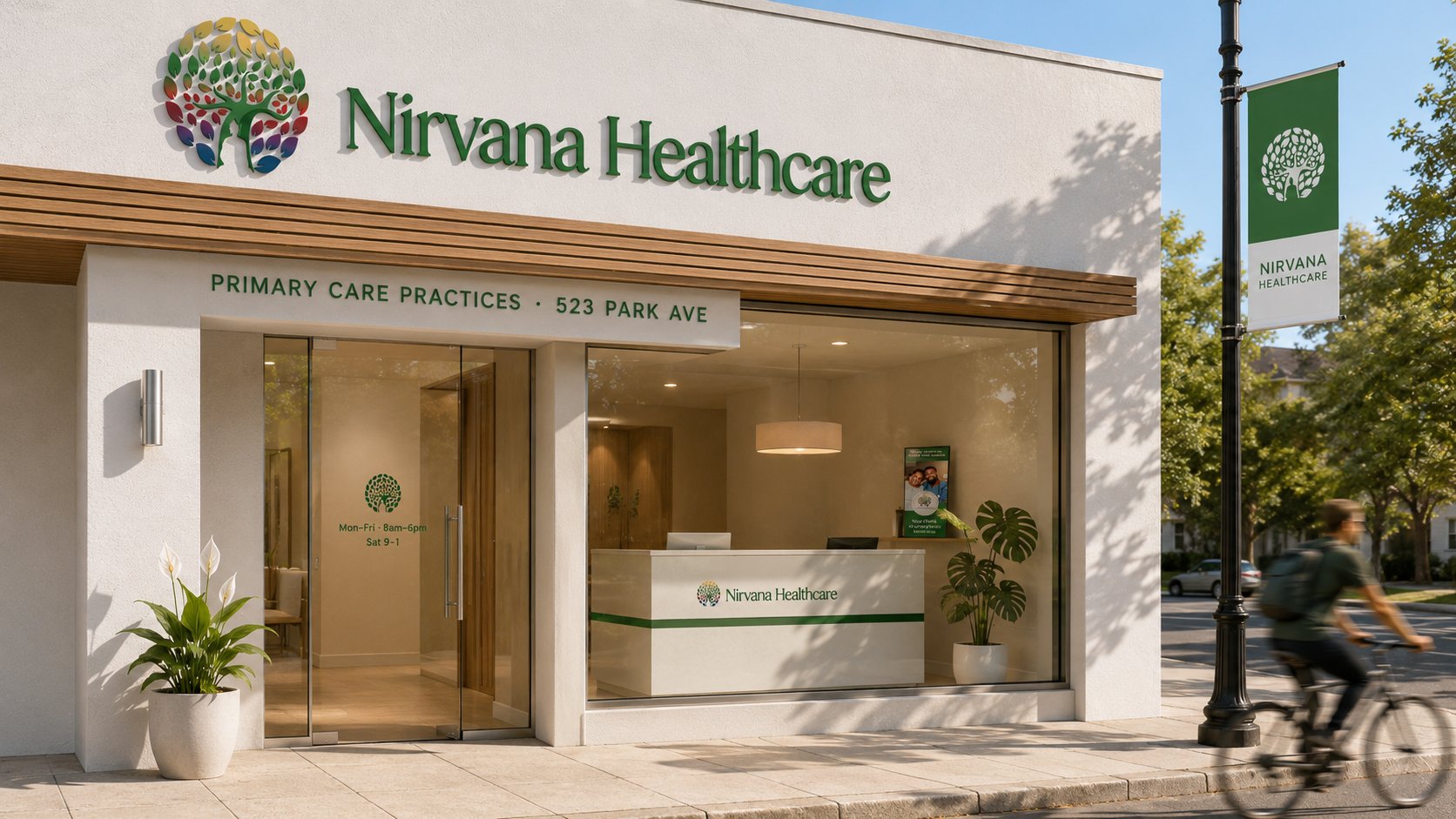Nirvana Healthcare storefront brand visualization, white facade with warm oak slat canopy, dimensional tree-of-life mark and green script wordmark above a frosted glass entrance