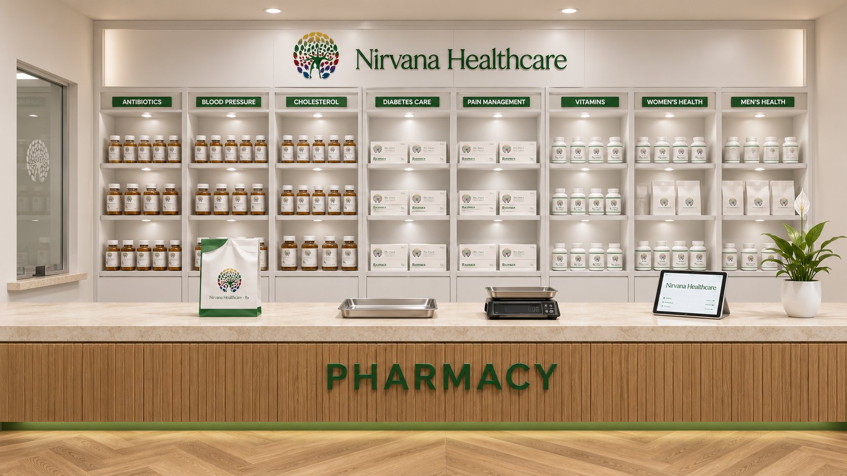 Nirvana Healthcare in-house pharmacy spatial concept, oak slat counter with green pharmacy lettering and labeled white shelving bays