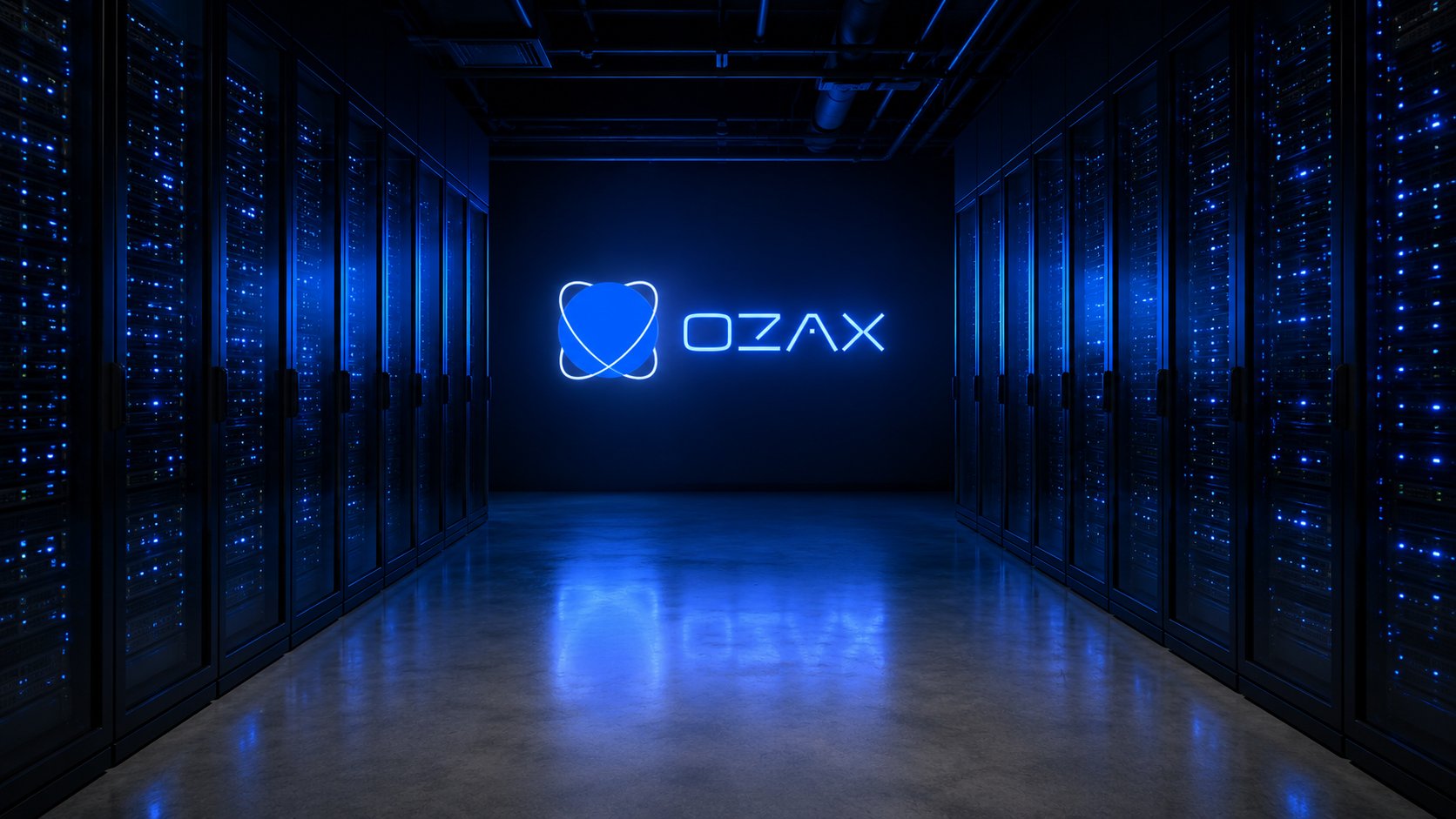 AI-generated brand visualization, OZAX identity in a research-lab corridor with matte black server racks