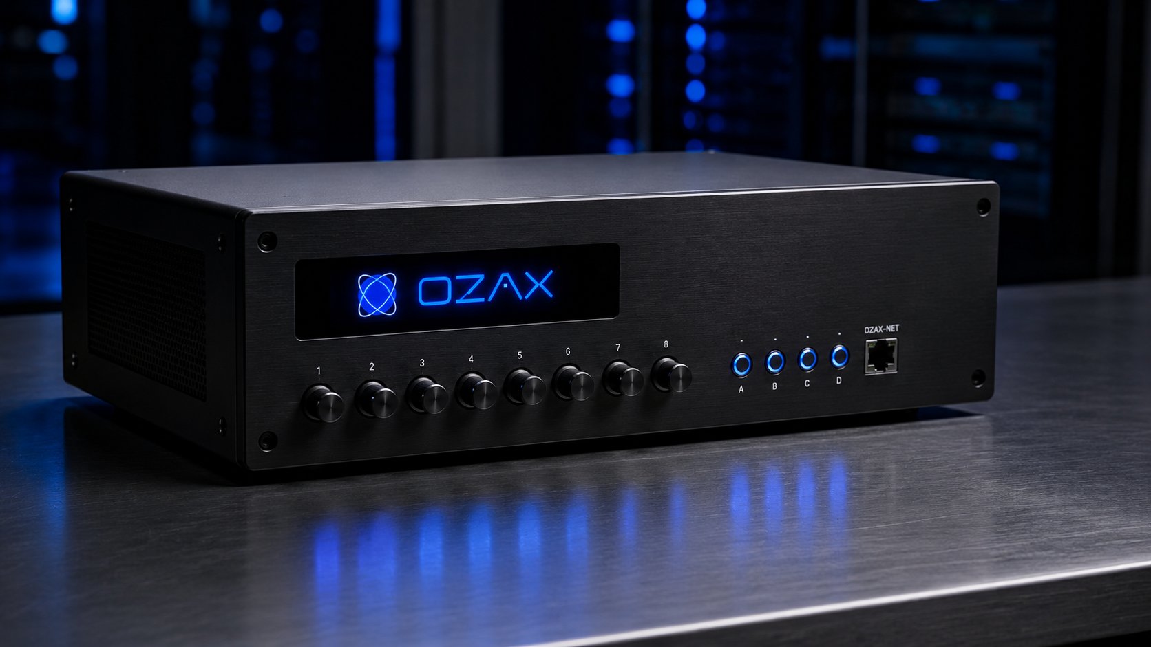 AI-generated concept of a matte-black research terminal with electric-blue OZAX wordmark and indicator LEDs